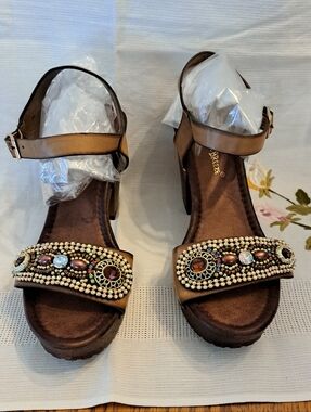 Nature Breeze Brown Embellished Platform Sandal - Women's Ankle Strap Heels